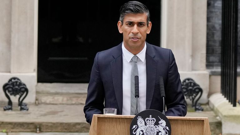 British Prime Minister Rishi Sunak delivers a speech at Downing Street in London, Tuesday, Oct. 25, 2022. New British Prime Minister Rishi Sunak arrived at Downing Street on Tuesday after returning from Buckingham Palace, where he was invited to form the government of Great Britain' King Charles III.  (AP Photo/Alastair Grant)