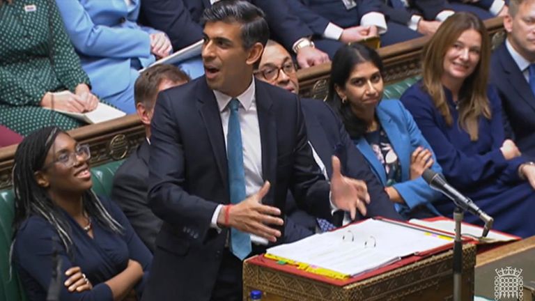 Britain's Prime Minister Rishi Sunak speaks during Prime Minister's Questions in the House of Commons, London, Wednesday, Oct. 26, 2022, his first as Prime Minister.  (House of Commons via AP)