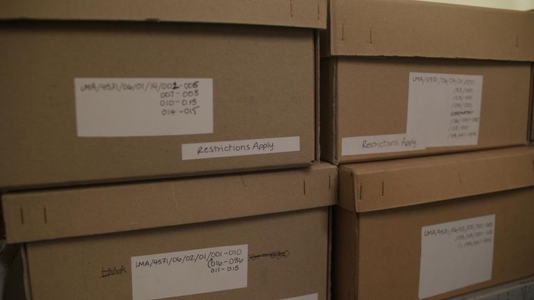 Boxes in the vaults under the London Metropolitan Archives (LMA) 