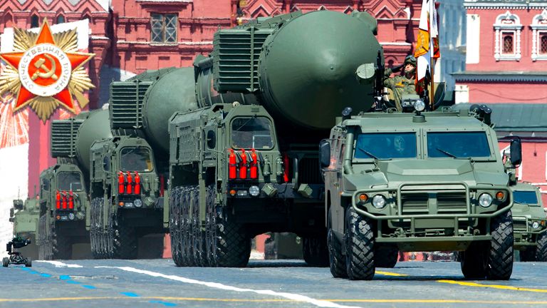 Russian RS-24 Yars ballistic missiles roll in Red Square during the Victory Day military parade in Moscow, Russia, June 2020. Pic: AP