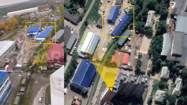 Video, demiryolu raylarının etrafındaki binaları eşleştirerek Rusya'nın Segiyev Posad kentine coğrafi olarak yerleştirilebilir.