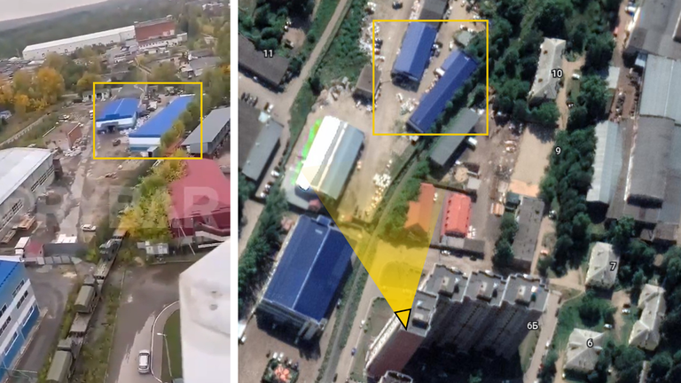 The video can be geo-located to Sergiyev Posad, Russia, by matching the buildings around the railway tracks in satellite imagery