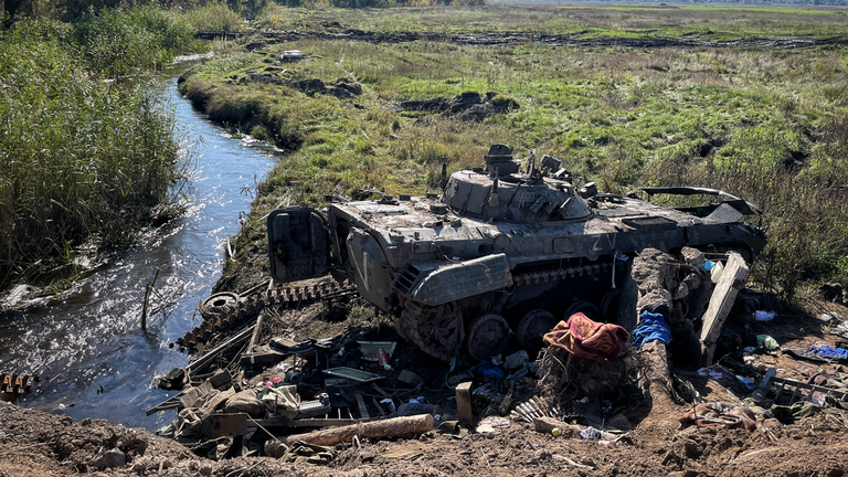 An abandoned Russian tank in the recaptured city 