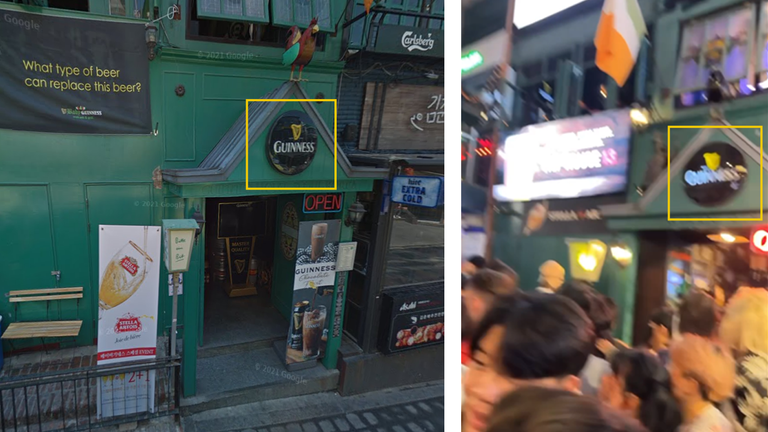 The video (right) can be located by matching the front of the bar with existing imagery from Google Maps (left).
