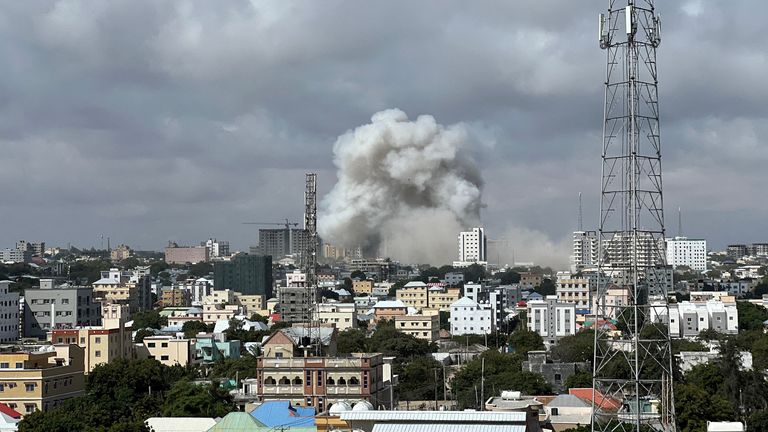 A view shows smoke rising after a car bomb explosion at the Somali Ministry of Education in Mogadishu, Somalia October 29, 2022 in this photo obtained from social media.  Abdihalim Bashir / via REUTERS THIS IMAGE HAS BEEN PROVIDED BY THIRD PARTY.  CREDIT MANDATORY.  NO ANSWER.  NO STOCK.