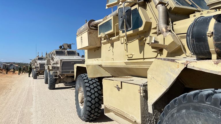 A convoy of the Uganda People&#39;s Defence Force, part of the African Union Transition Mission in Somalia, outside Mogadishu






