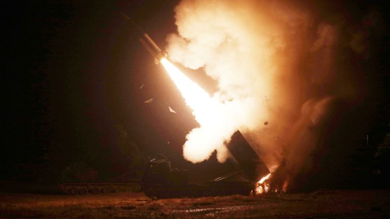A surface-to-surface missile is fired into the sea off the east coast. Pic: South Korean Defence Ministry via Reuters