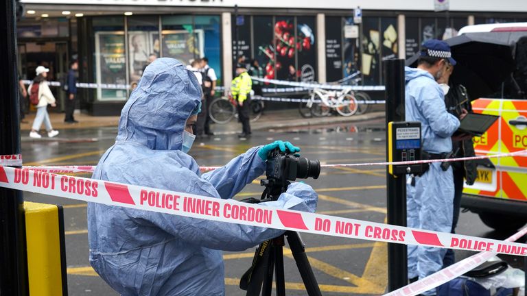 A forensic officer at the scene of a incident on Edgware Road, central London. A man has been arrested on suspicion of grievous bodily harm after a woman was stabbed in a coffee shop in Edgware Road, west London, on Thursday morning, the Metropolitan Police said. The knifeman was detained by members of the public and has since been taken to hospital. A woman in her 30s was treated at the scene for stab injuries and has also been taken to hospital.
