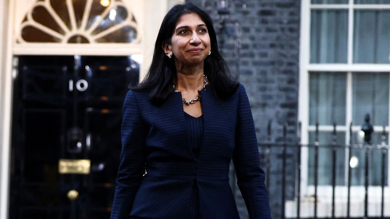 Suella Braverman, who has been appointed Britain&#39;s Secretary of State for the Home Department, walks outside Number 10 Downing Street, in London, Britain, October 25, 2022. REUTERS/Henry Nicholls
