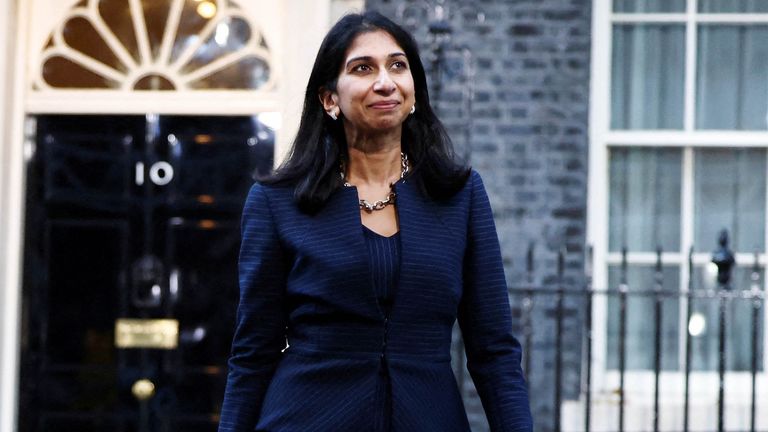 Suella Braverman, who has been appointed Britain&#39;s Secretary of State for the Home Department, walks outside Number 10 Downing Street, in London, Britain, October 25, 2022. REUTERS/Henry Nicholls