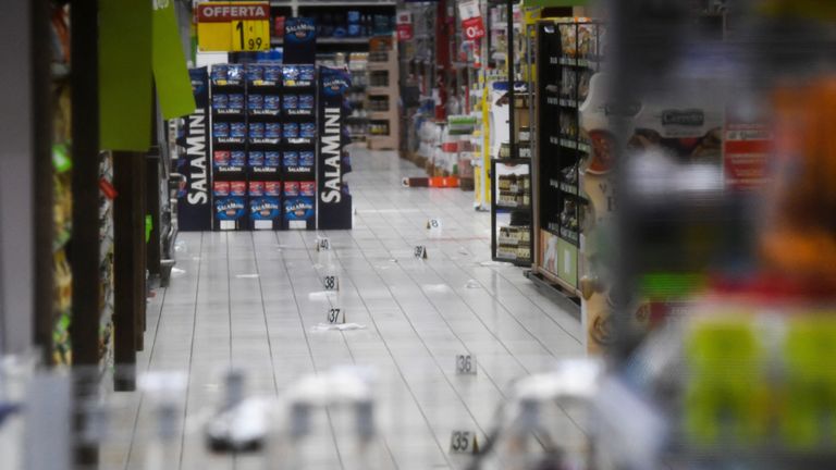 View of the supermarket at a shopping centre where several people were injured, including Monza&#39;s football player Pablo Mari, after a stabbing incident in Assago, near Milan, Italy  
