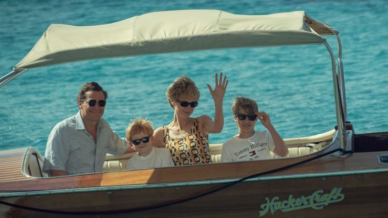 Prince Charles (Dominic West), a young Harry (Teddy Hawley), Princess Diana (Elizabeth Debicki) and a young William (Timothee Sambor) in series five of The Crown. Pic: Netflix