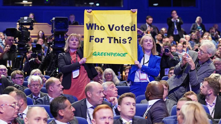 Greenpeace demonstration during Prime Minister Liz Truss speech during the Conservative Party annual conference at the International Convention Centre in Birmingham. Picture date: Wednesday October 5, 2022.

