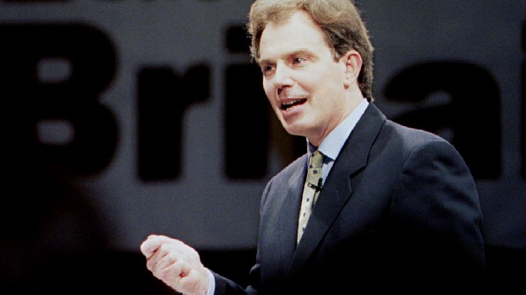 Britain's Labor Party leader Tony Blair addresses delegates at a meeting in Derby January 18. Blair was unveiling his party's "Stakeholder Economy" policy to the invited audience