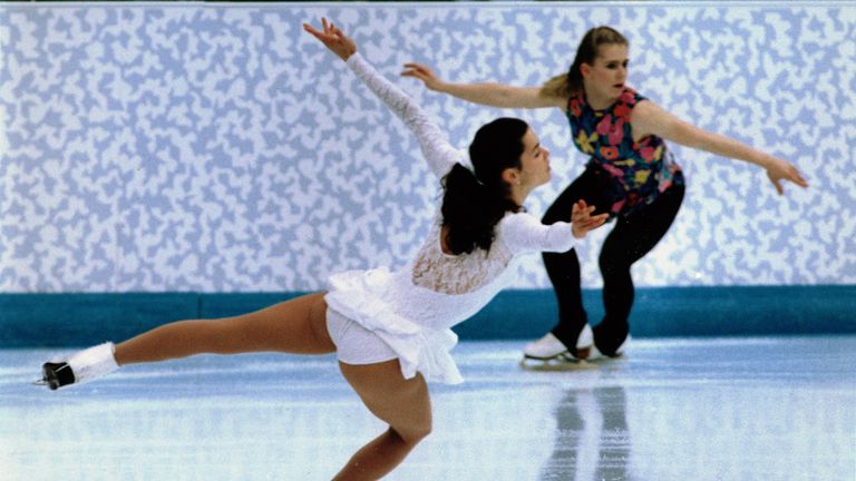 Nancy Kerrigan (left) and Tonya Harding (left) at the 1994 Lillehammer Winter Olympics