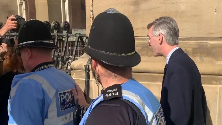 Jacob Rees-Mogg has arrived at the Tory Party conference flanked by a police escort  