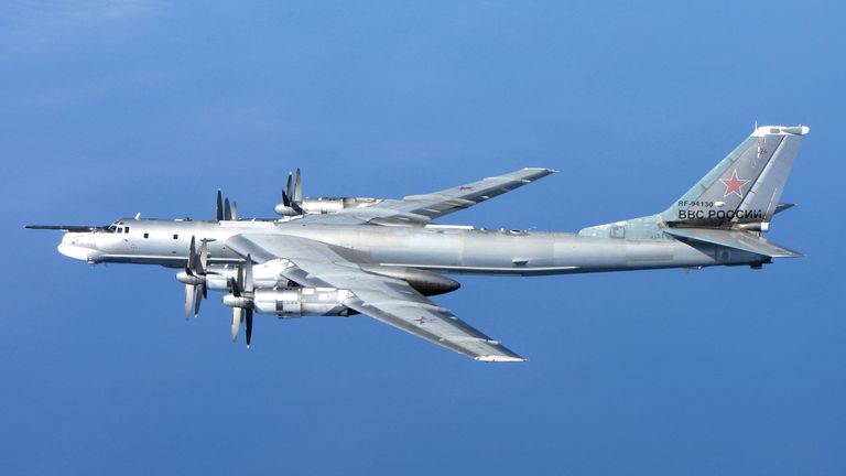 A Russian Tu-95 Bear &#39;H&#39; photographed from a RAF Typhoon Quick Reaction Alert aircraft (QRA) with 6 Squadron from RAF Leuchars in Scotland