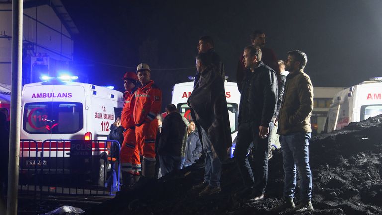 Relatives and friends of miners wait outside the coal mine after an explosion, in Amasra, northern province of Bartin, Turkey, October 15, 2022. REUTERS/Cagla Gurdogan