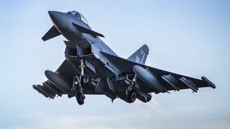 Undated handout photo issued by the Ministry of Defence of a Typhoon fighter jet, as the jets have been scrambled to respond to "unidentified aircraft" approaching the United Kingdom, the Royal Air Force has confirmed. Issue date: Wednesday February 2, 2022.