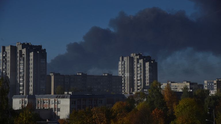 Smoke rises above Lviv after strike there on Monday