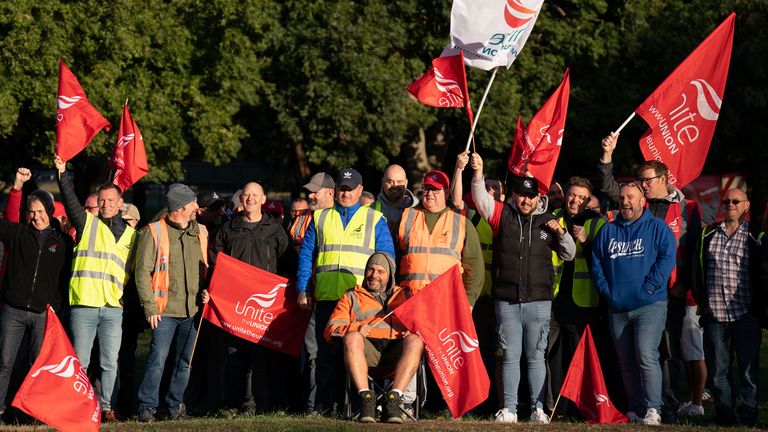 Members of the Unite union on a picket line at one of the entrances to the Port of Felixstowe in Suffolk in September
