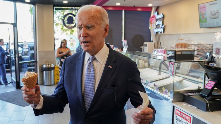 US President Joe Biden speaks to reporters during a visit to an ice cream shop in Portland, Oregon