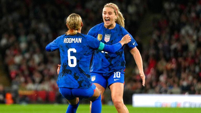 United States players Trinity Rodman, left, Lindsey Horan celebrate. Pic: AP