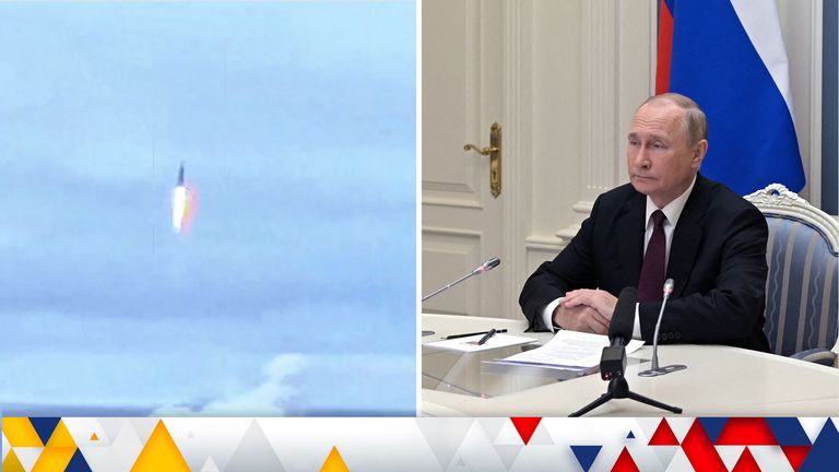 Russian President Vladimir Putin observes exercises held by Russia&#39;s strategic nuclear forces  in what it said to be Russia&#39;s Sineva intercontinental ballistic missile launched by the nuclear-powered submarine
