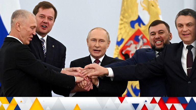 Russian President Vladimir Putin and Denis Pushilin, Leonid Pasechnik, Vladimir Saldo, Yevgeny Balitsky, who are the Russian-installed leaders in Ukraine&#39;s Donetsk, Luhansk, Kherson and Zaporizhzhia regions, attend a ceremony to declare the annexation of the Russian-controlled territories of four Ukraine&#39;s Donetsk, Luhansk, Kherson and Zaporizhzhia regions, after holding what Russian authorities called referendums in the occupied areas of Ukraine that were condemned by Kyiv and governments worldwide, in the Georgievsky Hall of the Great Kremlin Palace in Moscow, Russia, September 30, 2022. Sputnik/Grigory Sysoyev/Pool via REUTERS ATTENTION EDITORS - THIS IMAGE WAS PROVIDED BY A THIRD PARTY.