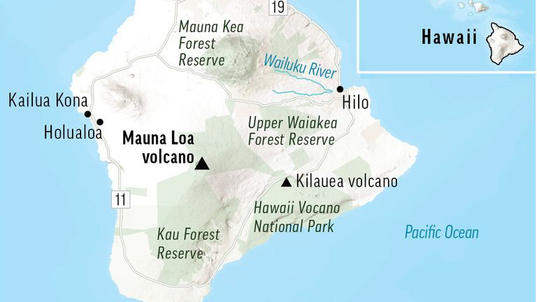 The Mauna Loa volacno on the big island of Hawaii is located above.