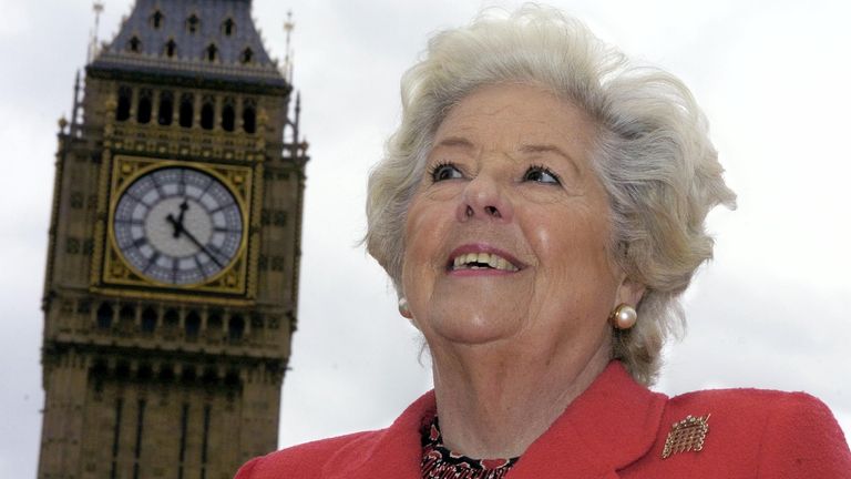 Former Commons Speaker Baroness Betty Boothroyd, at Westminster, following an announcement that she is be bestowed with the Order of Merit by The Queen.
Date: 2005-04-28