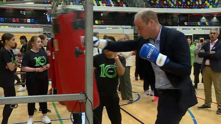 The Prince and Princess of Wales visited the 10th anniversary event for Coach Core, a sports and coaching charity. William slipped on some boxing gloves and had a go at a punching bag.
