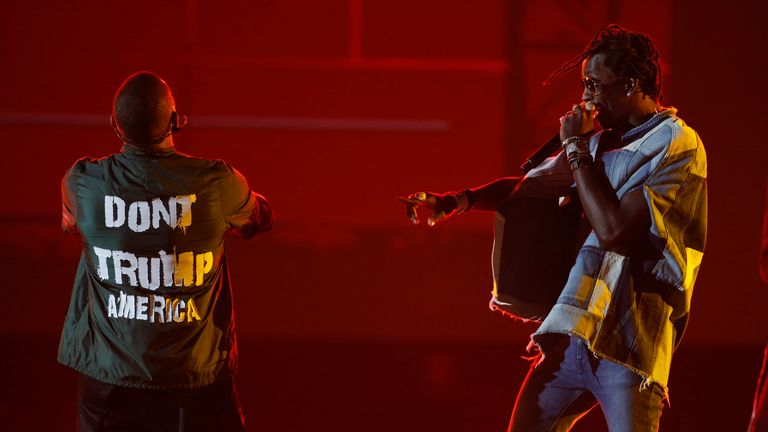 Young Thug (R) - seen here performing with Usher in 2016 - had his rap lyrics used against him in an ongoing court case