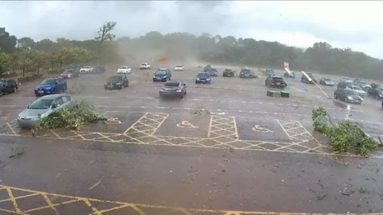 CCTV footage caught the sudden moment extremely high winds caused damage to signage, lamp posts, trees, and cars.