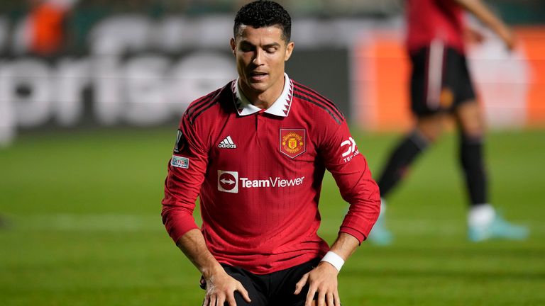 Manchester United&#39;s Cristiano Ronaldo reacts after a missed scoring opportunity during the Europa League group E soccer match between Omonia and Manchester United at GSP stadium in Nicosia, Cyprus, Thursday, Oct. 6, 2022. (AP Photo/Petros Karadjias)