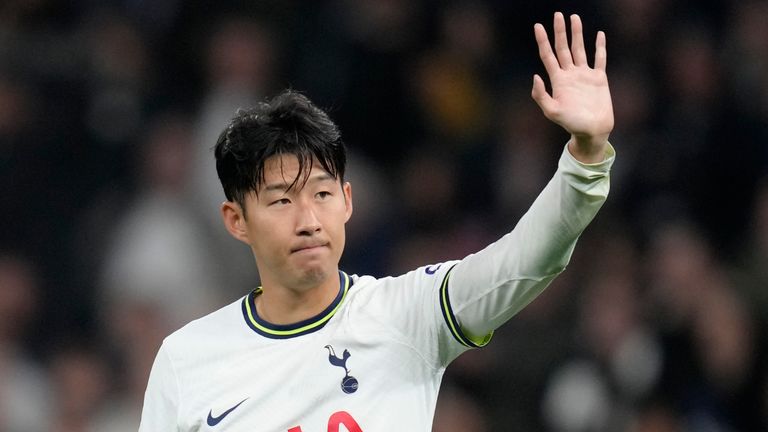 Heung-Min Son salutes the fans after scoring twice in Tottenham&#39;s 3-2 victory over Eintracht Frankfurt
