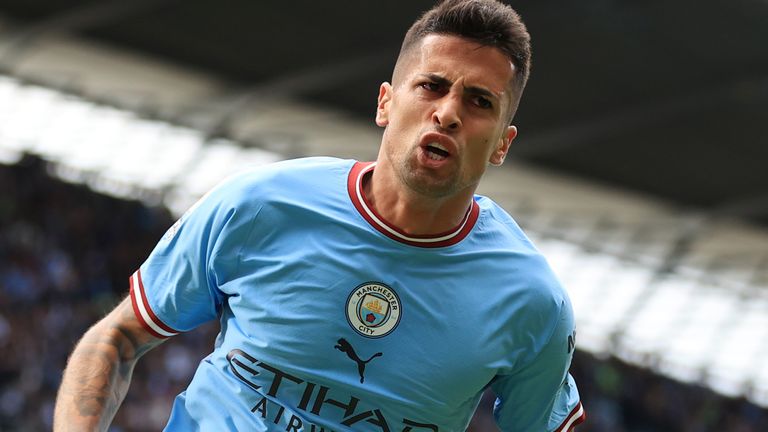 Joao Cancelo celebrates after opening the scoring for Man CIty against Southampton