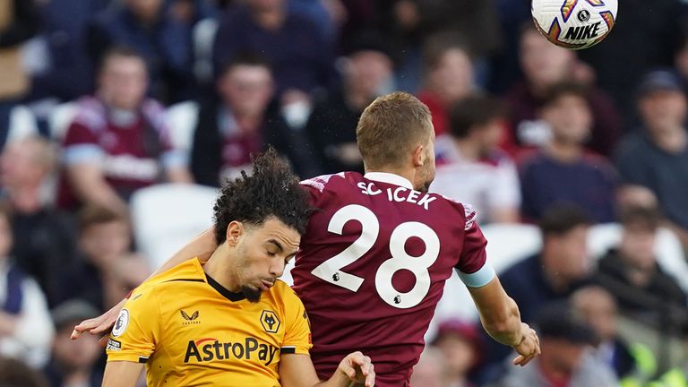 Wolves&#39; Rayan Ait-Nouri (left) and West Ham United&#39;s Tomas Soucek battle for the ball