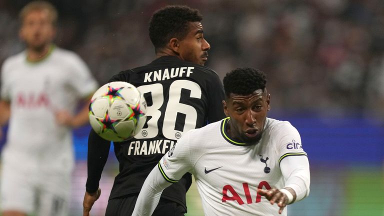 Frankfurt&#39;s Ansgar Knauff challenges for the ball with Tottenham&#39;s Emerson Royal