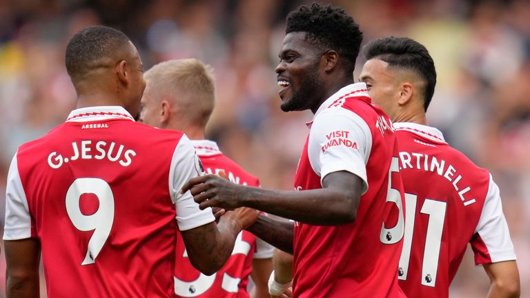 Arsenal&#39;s Thomas Partey, right, celebrates with his team-mate Arsenal&#39;s Gabriel Jesus after scoring his side&#39;s opening goal