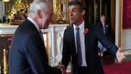King Charles III greets Prime Minister Rishi Sunak, during a reception at Buckingham Palace, London, ahead of the Cop27 Summit. November 4, 2022. Jonathan Brady/Pool via REUTERS 
