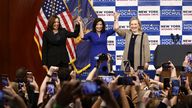 U.S. Vice President Kamala Harris, New York Governor Kathy Hochul and Former U.S. Secretary of State Hillary Clinton acknowledge attendees at a New York Women “Get Out The Vote” rally ahead of the 2022 U.S. midterm elections, in Manhattan, New York City, U.S., November 3, 2022