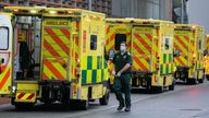 A paramedic walks past a line of ambulances outside the Royal London Hospital, in London, during England&#39;s third national lockdown to curb the spread of coronavirus. Picture date: Wednesday January 20, 2021.