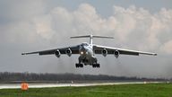 An Ilyushin Il-76 transport plane carrying Russian paratroopers takes off during drills at a military aerodrome in the Azov Sea port of Taganrog, Russia April 22, 2021. REUTERS/Stringer
