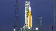 NASA's next-generation moon rocket, the Space Launch System (SLS) rocket with the Orion crew capsule, stands at pad 39-B as preparations continue for launch of the unmanned Artemis 1 mission to the Moon, at Cape Canaveral, Florida, U.S. November 15, 2022. REUTERS/Steve Nesius