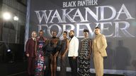 (left to right) Martin Freeman, Florence Kasumba, Danai Gurira , Letitia Wright, Ryan Coogler, Lupita Nyong&#39;o and Tenoch Huerta at premiere of Black Panther: Wakanda Forever in Leicester Square