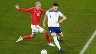 (L-R) Wales&#39; Aaron Ramsey and England&#39;s Declan Rice battle for the ball