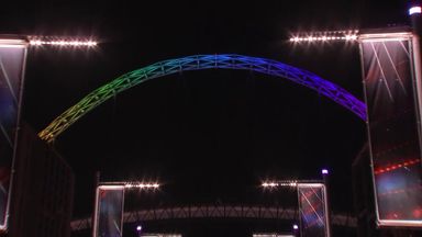 Wembley arch lit up in rainbow colours to show LGBTQ+ solidarity