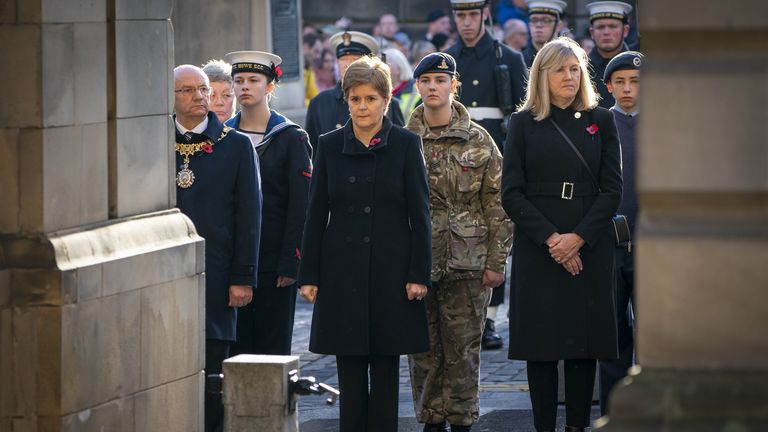  [L to R] Lord Provost of Edinburgh Robert Aldridge, First Minister Nicola Sturgeon and Presiding Officer of the Scottish Parliament Alison Johnstone during a Remembrance Sunday service and parade in Edinburgh.