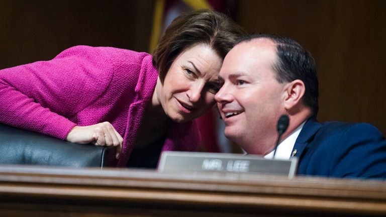 UNITED STATES - MAY 14: Sens. Amy Klobuchar, D-Minn., and Mike Lee, R-Utah, are seen during a Senate Judiciary Committee hearing in Dirksen Building titled "5G: National Security Concerns, Intellectual Property Issues, and the Impact on Competition and Innovation," on Tuesday, May 14, 2019. (Photo By Tom Williams/CQ Roll Call)